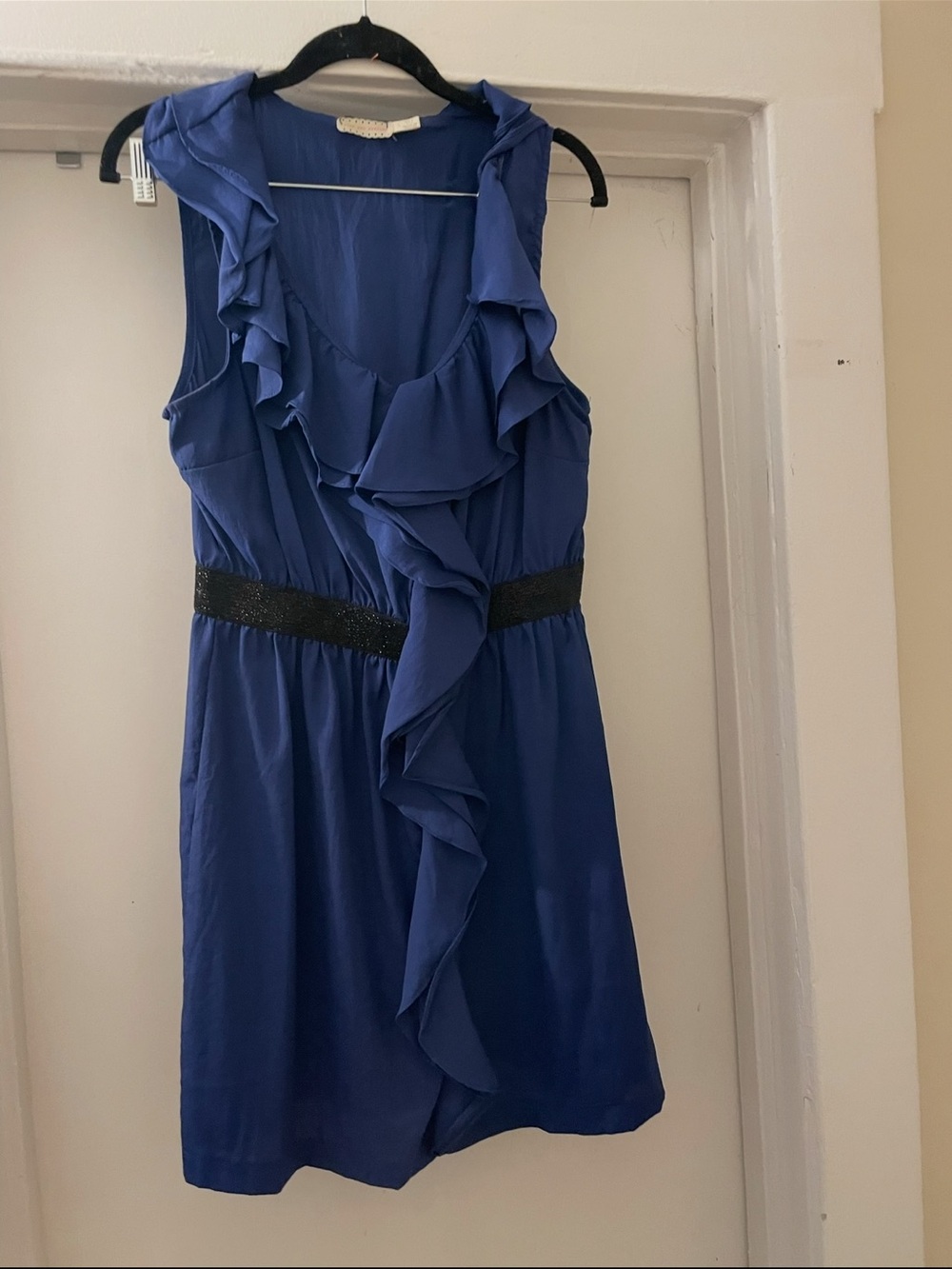 Pins & Needles Royal Blue Ruffle Front Mini Dress with Black Waistband Large